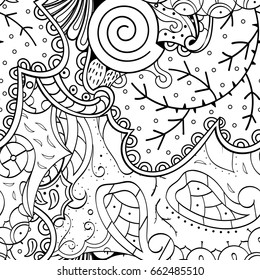 Tracery seamless pattern. Mehndi design. Ethnic monochrome binary doodle texture. Curved doodling black and white background. Vector