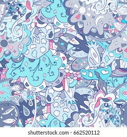 Tracery seamless pattern. Mehndi design. Ethnic colorful doodle texture. Curved doodling background. Vector