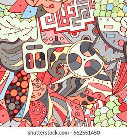 Tracery seamless pattern. Mehndi design. Ethnic colorful doodle texture. Curved doodling background. Vector