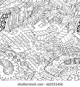 Tracery seamless pattern. Mehndi design. Ethnic monochrome binary doodle texture. Curved doodling black and white background. Vector