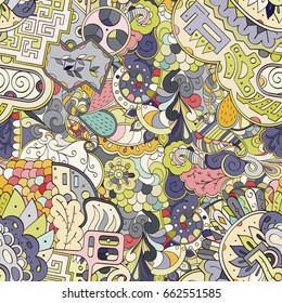 Tracery seamless pattern. Mehndi design. Ethnic colorful doodle texture. Curved doodling background. Vector