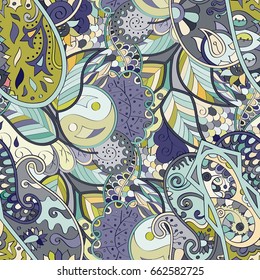 Tracery seamless pattern. Mehndi design. Ethnic colorful doodle texture. Curved doodling background. Vector