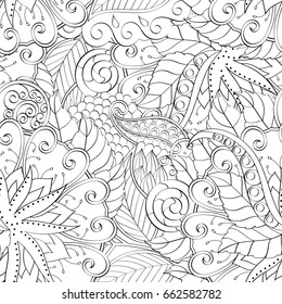Tracery seamless pattern. Mehndi design. Ethnic monochrome binary doodle texture. Curved doodling black and white background. Vector