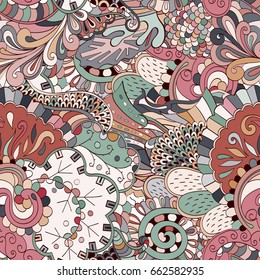 Tracery seamless pattern. Mehndi design. Ethnic colorful doodle texture. Curved doodling background. Vector