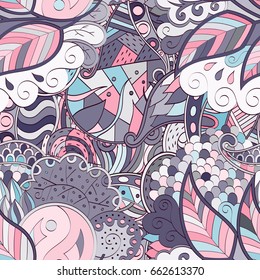 Tracery seamless pattern. Mehndi design. Ethnic colorful doodle texture. Curved doodling background. Vector