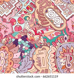 Tracery seamless pattern. Mehndi design. Ethnic colorful doodle texture. Curved doodling background. Vector