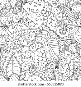 Tracery seamless pattern. Mehndi design. Ethnic monochrome binary doodle texture. Curved doodling black and white background. Vector