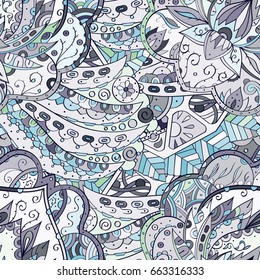 Tracery seamless pattern. Mehndi design. Ethnic colorful doodle texture. Curved doodling background. Vector