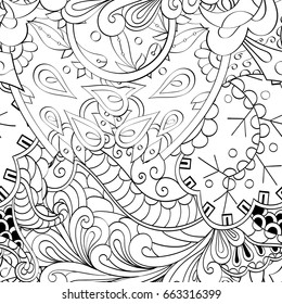 Tracery seamless pattern. Mehndi design. Ethnic monochrome binary doodle texture. Curved doodling black and white background. Vector