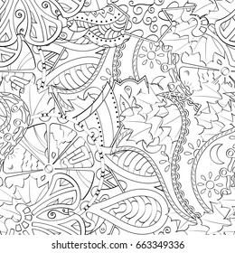 Tracery seamless pattern. Mehndi design. Ethnic monochrome binary doodle texture. Curved doodling black and white background. Vector