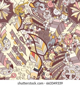 Tracery seamless pattern. Mehndi design. Ethnic colorful doodle texture. Curved doodling background. Vector