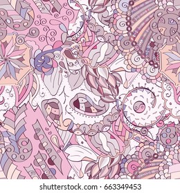 Tracery seamless pattern. Mehndi design. Ethnic colorful doodle texture. Curved doodling background. Vector