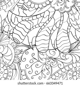 Tracery seamless pattern. Mehndi design. Ethnic monochrome binary doodle texture. Curved doodling black and white background. Vector