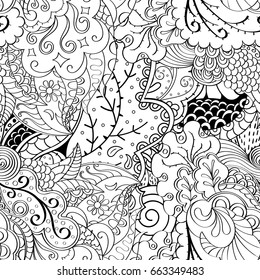 Tracery seamless pattern. Mehndi design. Ethnic monochrome binary doodle texture. Curved doodling black and white background. Vector