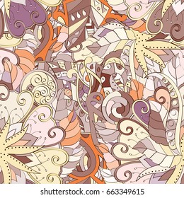 Tracery seamless pattern. Mehndi design. Ethnic colorful doodle texture. Curved doodling background. Vector