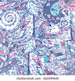 Tracery seamless pattern. Mehndi design. Ethnic colorful doodle texture. Curved doodling background. Vector