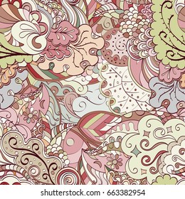 Tracery seamless pattern. Mehndi design. Ethnic colorful doodle texture. Curved doodling background. Vector