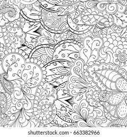 Tracery seamless pattern. Mehndi design. Ethnic monochrome binary doodle texture. Curved doodling black and white background. Vector