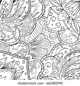 Tracery seamless pattern. Mehndi design. Ethnic monochrome binary doodle texture. Curved doodling black and white background. Vector