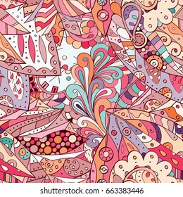 Tracery seamless pattern. Mehndi design. Ethnic colorful doodle texture. Curved doodling background. Vector