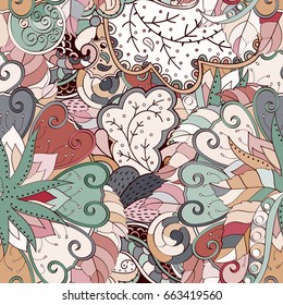 Tracery seamless pattern. Mehndi design. Ethnic colorful doodle texture. Curved doodling background. Vector