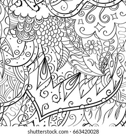 Tracery seamless pattern. Mehndi design. Ethnic monochrome binary doodle texture. Curved doodling black and white background. Vector