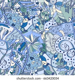 Tracery seamless pattern. Mehndi design. Ethnic colorful doodle texture. Curved doodling background. Vector