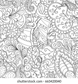 Tracery seamless pattern. Mehndi design. Ethnic monochrome binary doodle texture. Curved doodling black and white background. Vector