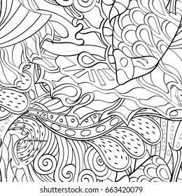 Tracery seamless pattern. Mehndi design. Ethnic monochrome binary doodle texture. Curved doodling black and white background. Vector