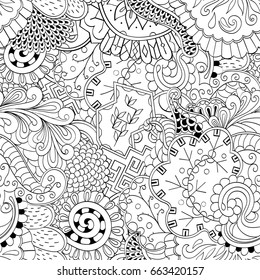 Tracery seamless pattern. Mehndi design. Ethnic monochrome binary doodle texture. Curved doodling black and white background. Vector