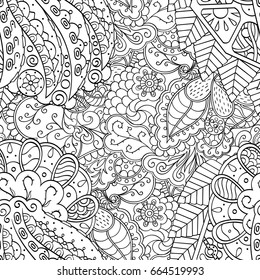 Tracery seamless pattern. Mehndi design. Ethnic monochrome binary doodle texture. Curved doodling black and white background. Vector