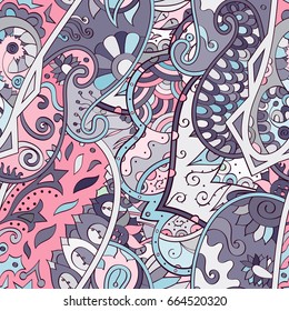 Tracery seamless pattern. Mehndi design. Ethnic colorful doodle texture. Curved doodling background. Vector