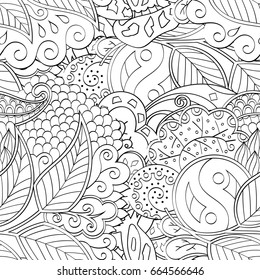 Tracery seamless pattern. Mehndi design. Ethnic monochrome binary doodle texture. Curved doodling black and white background. Vector