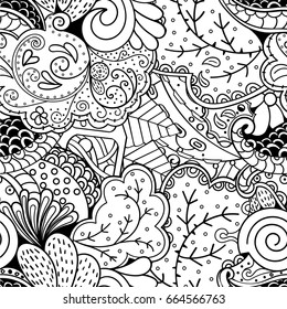 Tracery seamless pattern. Mehndi design. Ethnic monochrome binary doodle texture. Curved doodling black and white background. Vector
