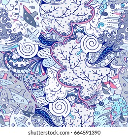 Tracery seamless pattern. Mehndi design. Ethnic colorful doodle texture. Curved doodling background. Vector