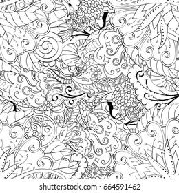 Tracery seamless pattern. Mehndi design. Ethnic monochrome binary doodle texture. Curved doodling black and white background. Vector