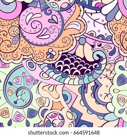 Tracery seamless pattern. Mehndi design. Ethnic colorful doodle texture. Curved doodling background. Vector