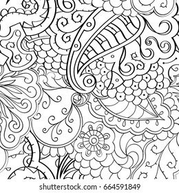 Tracery seamless pattern. Mehndi design. Ethnic monochrome binary doodle texture. Curved doodling black and white background. Vector