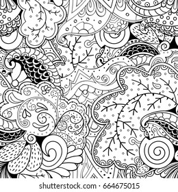 Tracery seamless pattern. Mehndi design. Ethnic monochrome binary doodle texture. Curved doodling black and white background. Vector