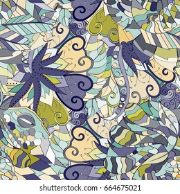 Tracery seamless pattern. Mehndi design. Ethnic colorful doodle texture. Curved doodling background. Vector