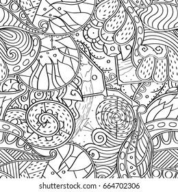 Tracery seamless pattern. Mehndi design. Ethnic monochrome binary doodle texture. Curved doodling black and white background. Vector