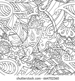 Tracery seamless pattern. Mehndi design. Ethnic monochrome binary doodle texture. Curved doodling black and white background. Vector