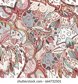 Tracery seamless pattern. Mehndi design. Ethnic colorful doodle texture. Curved doodling background. Vector