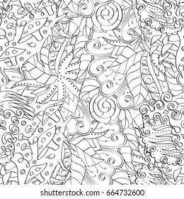 Tracery seamless pattern. Mehndi design. Ethnic monochrome binary doodle texture. Curved doodling black and white background. Vector