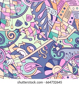 Tracery seamless pattern. Mehndi design. Ethnic colorful doodle texture. Curved doodling background. Vector