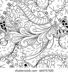 Tracery seamless pattern. Mehndi design. Ethnic monochrome binary doodle texture. Curved doodling black and white background. Vector