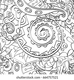 Tracery seamless pattern. Mehndi design. Ethnic monochrome binary doodle texture. Curved doodling black and white background. Vector