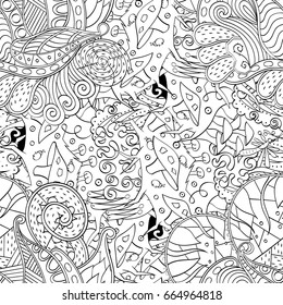 Tracery seamless pattern. Mehndi design. Ethnic monochrome binary doodle texture. Curved doodling black and white background. Vector