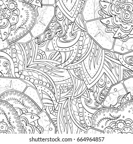 Tracery seamless pattern. Mehndi design. Ethnic monochrome binary doodle texture. Curved doodling black and white background. Vector