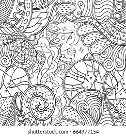 Tracery seamless pattern. Mehndi design. Ethnic monochrome binary doodle texture. Curved doodling black and white background. Vector